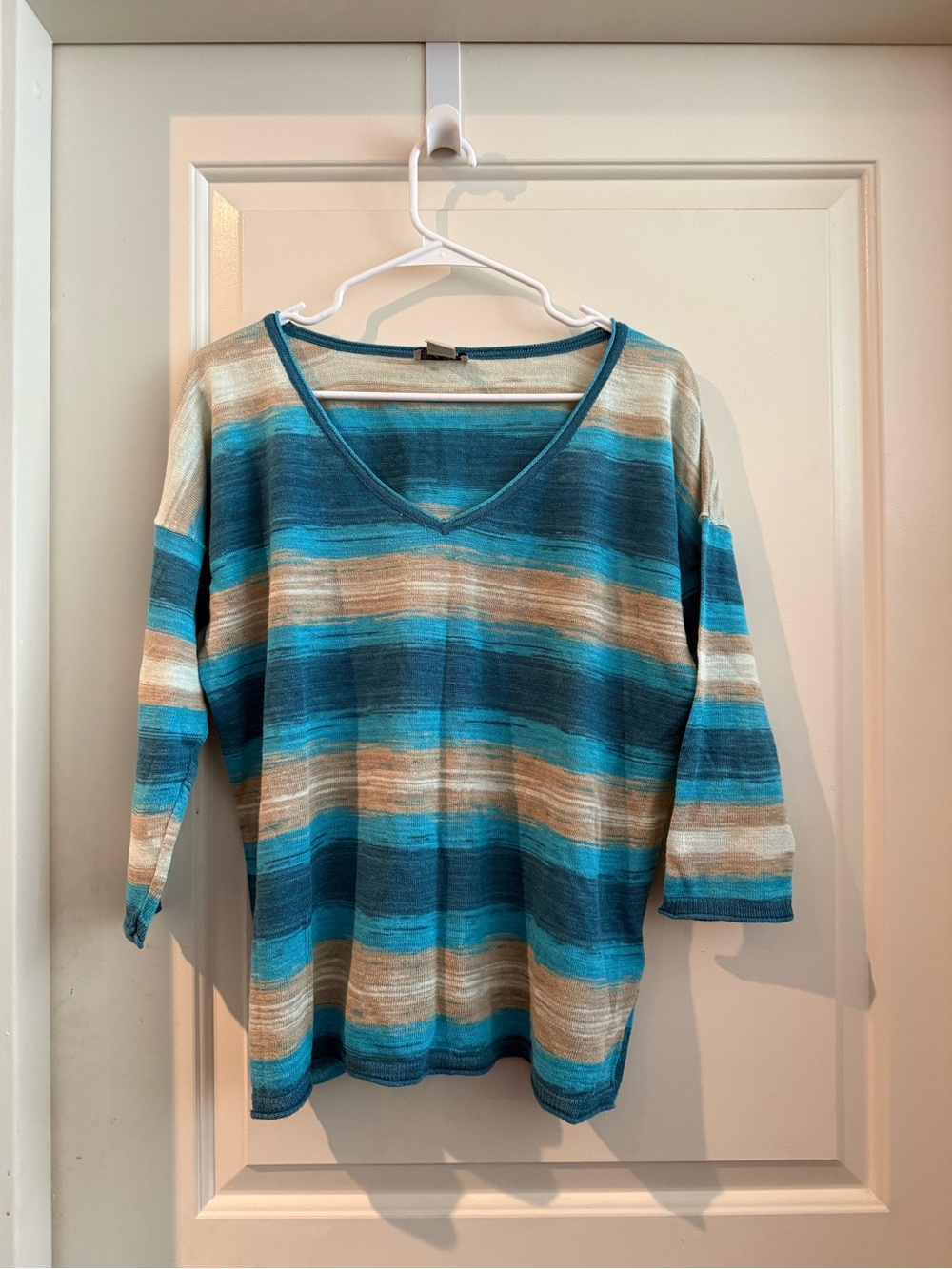 Vintage Lucky Brand Striped V-Neck Sweater in Teal, Blue & Tan